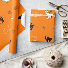 Halloween Spooky Cat Ghost Witch Fun Custom Text Cadeaupapier