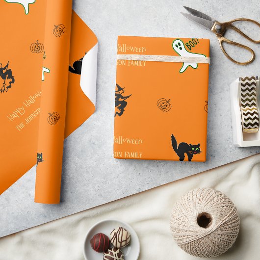 Halloween Spooky Cat Ghost Witch Fun Custom Text Cadeaupapier