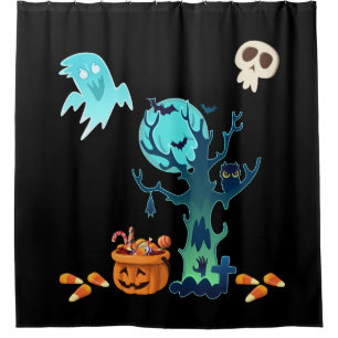 Halloween Spooky Creepy Ghost Bats Skulls & Snoep Douchegordijn