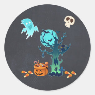 Halloween Spooky Creepy Ghost Bats Skulls & Snoep Ronde Sticker