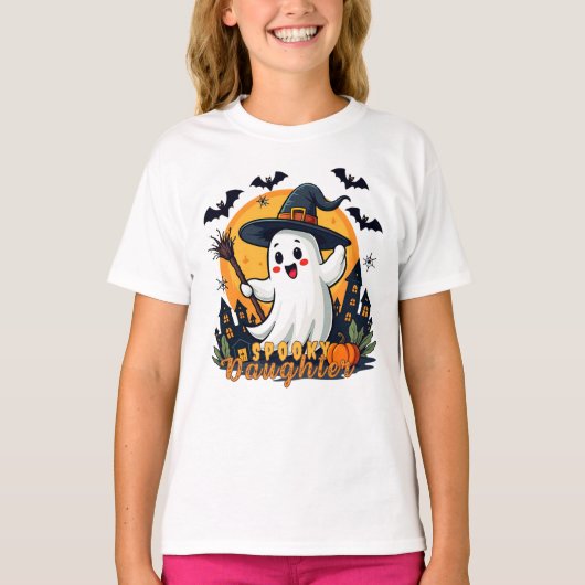 Halloween Spooky Daughter Ghost with Witch Pet T-shirt (Voorkant)