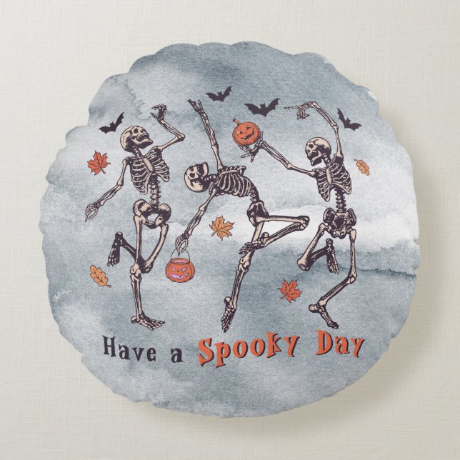 Halloween Spooky Day Skeleton 2 Sided Round Pillow Rond Kussen (Voorkant)