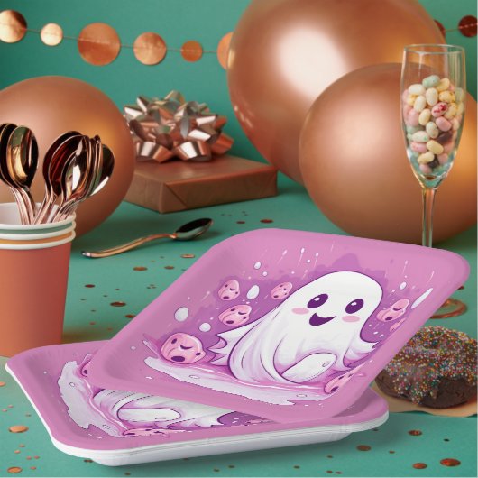 Halloween Spooky Ghost Schattig Roze Papieren Bordje (Multi)
