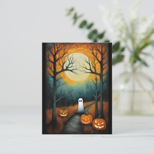 Halloween Spooky Ghost & Volle Maan Creepy Pumpkin Briefkaart (Staand voorkant)