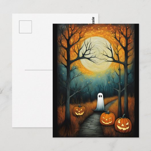 Halloween Spooky Ghost & Volle Maan Creepy Pumpkin Briefkaart (Voorkant / Achterkant)