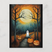 Halloween Spooky Ghost & Volle Maan Creepy Pumpkin Briefkaart (Voorkant)