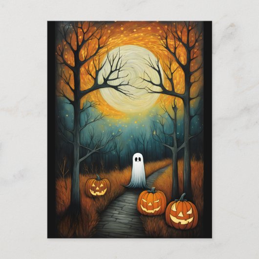 Halloween Spooky Ghost & Volle Maan Creepy Pumpkin Briefkaart (Voorkant)