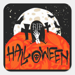 Halloween Spooky Graveyard Bats Zombie Moon Vierkante Sticker