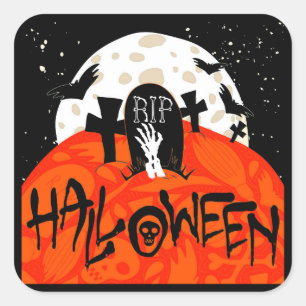 Halloween Spooky Graveyard Bats Zombie Moon Vierkante Sticker