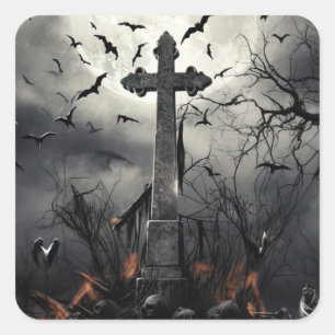 Halloween Spooky Graveyard Cemetery Gothic Vierkante Sticker