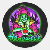 Halloween Spooky Green Witch Magic Pet Apple Ronde Sticker (Voorkant)