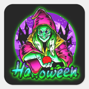 Halloween Spooky Green Witch Magic Pet Apple Vierkante Sticker