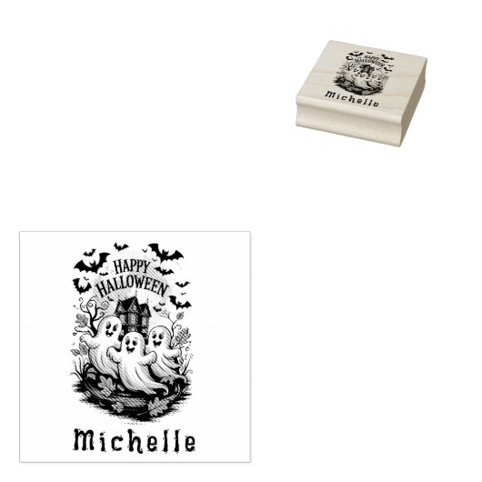 Halloween Spooky Haunted House Ghost en Bats Rubberstempel (Gestempeld)