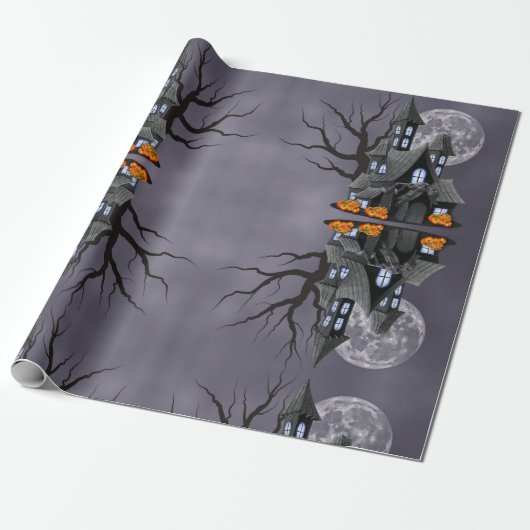 Halloween Spooky Haunted House & Pumpkin Cadeaupapier (Uitgerold)