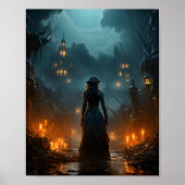 Halloween Spooky Heks Beunting Oude Stad Poster (Voorkant)