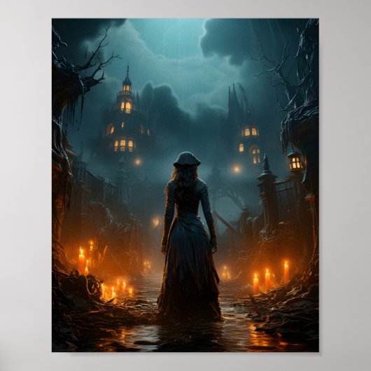 Halloween Spooky Heks Beunting Oude Stad Poster (Voorkant)