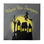 Halloween Spooky Heks Broomstick Moonlight Tegeltje (Voorkant)