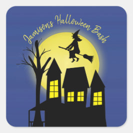 Halloween Spooky Heks Broomstick Moonlight Vierkante Sticker
