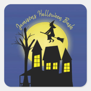 Halloween Spooky Heks Broomstick Moonlight Vierkante Sticker