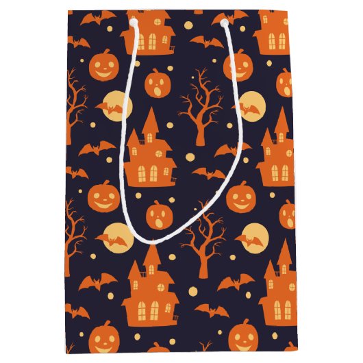 Halloween Spooky House Bats Trees Pumpkin Festive Medium Cadeauzakje (Voorkant)