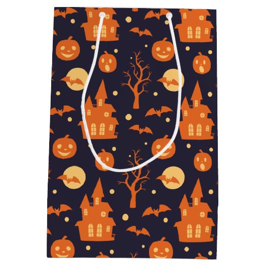 Halloween Spooky House Bats Trees Pumpkin Festive Medium Cadeauzakje (Achterkant)