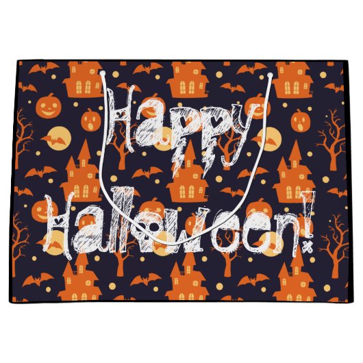 Halloween Spooky House Bats Trees Pumpkin Pattern Groot Cadeauzakje (Voorkant)