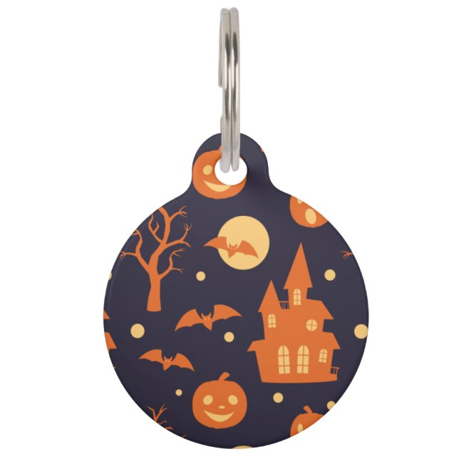 Halloween Spooky House Bats Trees Pumpkin Pattern Huisdierpenning (Voorkant)