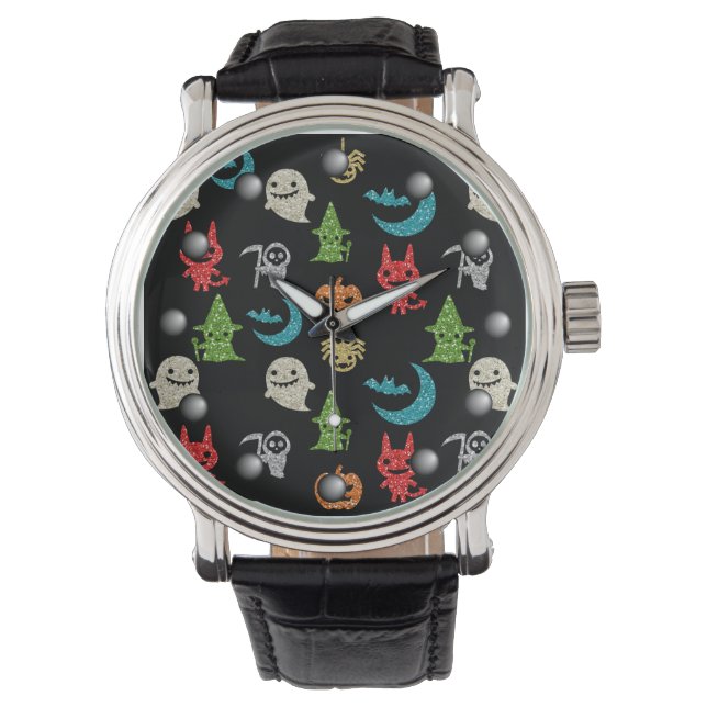 Halloween Spooky Leuke Karakters Glitter Collage Horloge (Voorkant)