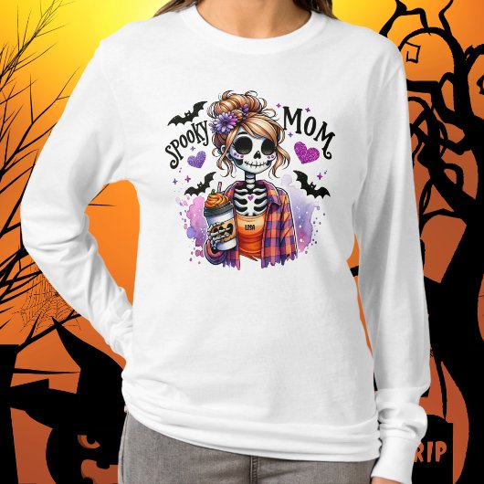 Halloween Spooky Mom Skeleton Messy Bun Custom T-shirt