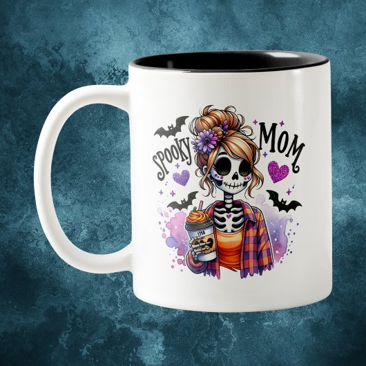 Halloween Spooky Mom Skeleton Messy Bun Custom Tweekleurige Koffiemok