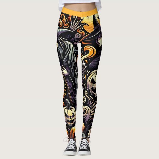 Halloween: Spooky Night van Heksen en Pompoenen Leggings (Voorkant)
