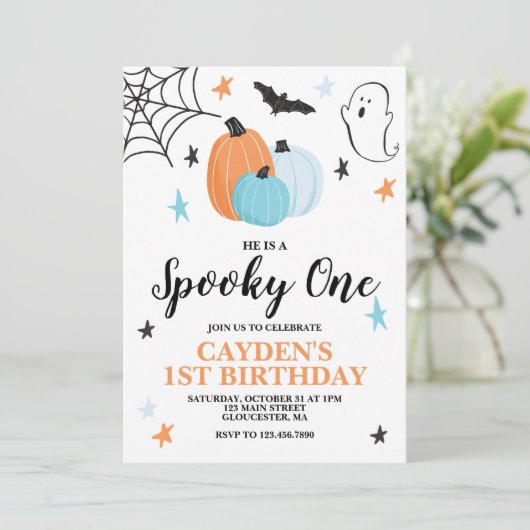 Halloween Spooky One 1st Birthday Blue pomkins in Kaart (Staand voorkant)