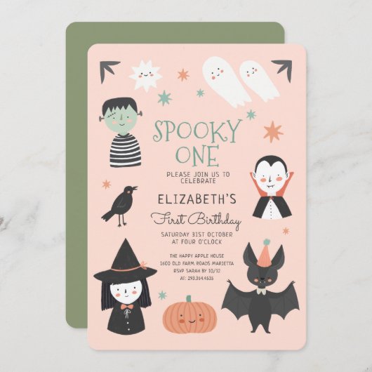 Halloween Spooky One First Birthday Invitation Kaart (Voorkant / Achterkant)