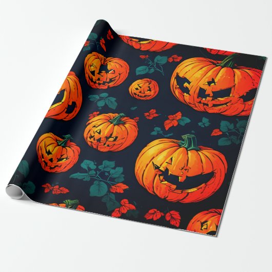 Halloween spooky oranje pompoen inpakpapier (Uitgerold)