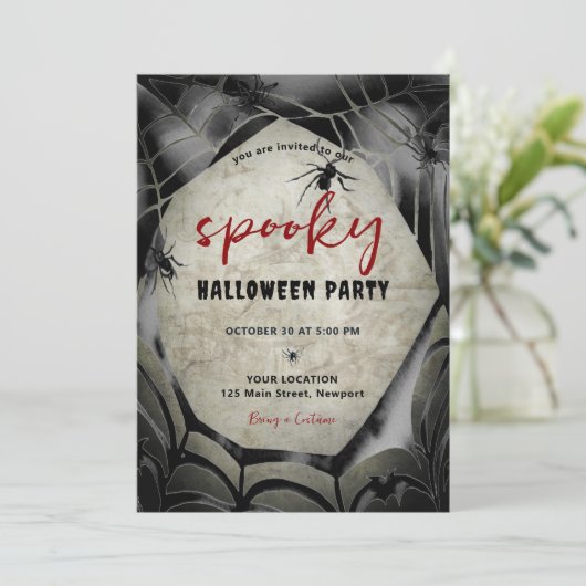 Halloween Spooky Party Spider Spinnenweb Zwart Roo Kaart (Staand voorkant)