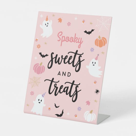 Halloween Spooky Pink Ghost Spooky Sweets & Treats Reclamebord Met Voetstuk (Voorkant)
