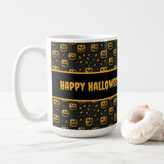 Halloween spooky pompoen cartoon donker contrast koffiemok (Met donut)