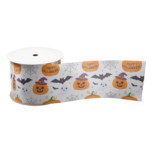 Halloween Spooky Pumpkin Bats Ghost Pattern Satijnen Lint (Spoel)