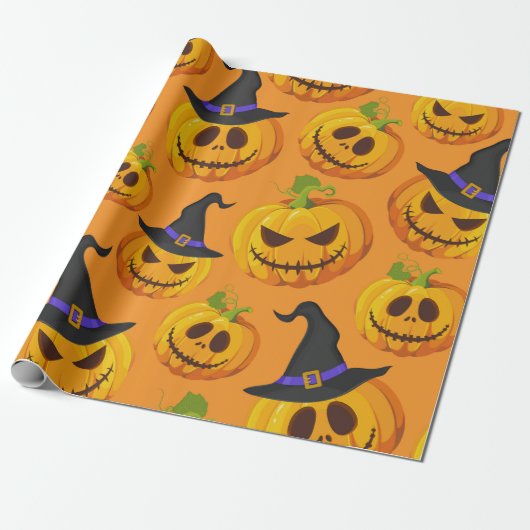 Halloween Spooky Pumpkin Witch Pet Oranje Pattern Cadeaupapier (Uitgerold)