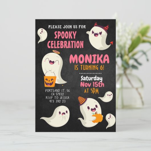 Halloween Spooky Schattigee Ghost Girl Verjaardag Kaart (Staand voorkant)