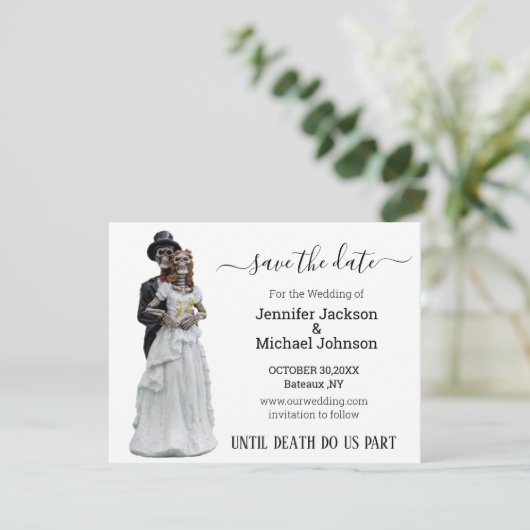 halloween spooky skelet bruin en bruin save the date (Staand voorkant)