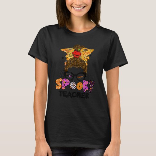 Halloween Spooky Teacher Cute Messy Bun Teacher T-shirt (Voorkant)