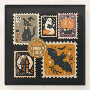 Halloween Spooky Time Postzegels Ghosts Bat Cat Glazen Onderzetter