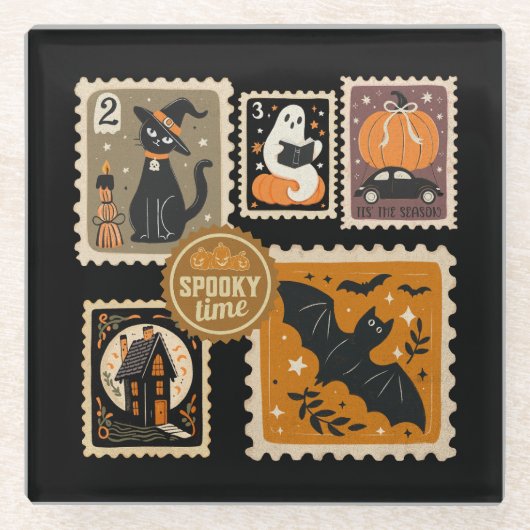 Halloween Spooky Time Postzegels Ghosts Bat Cat Glazen Onderzetter (Voorkant)