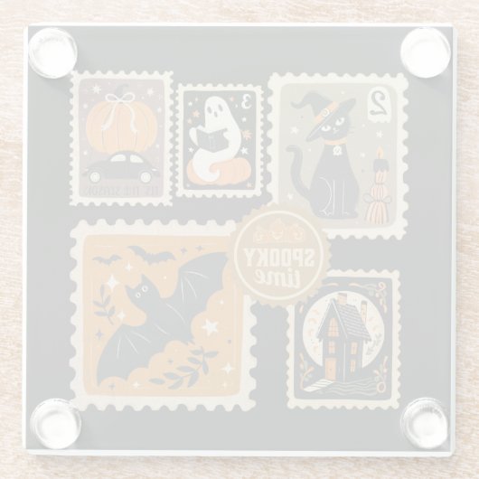 Halloween Spooky Time Postzegels Ghosts Bat Cat Glazen Onderzetter (Achterkant)