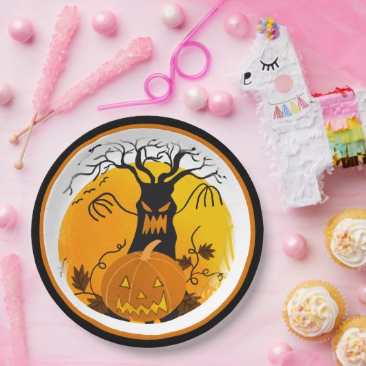 Halloween Spooky Tree Jack o'Lantern Papieren Bordje (Feest)