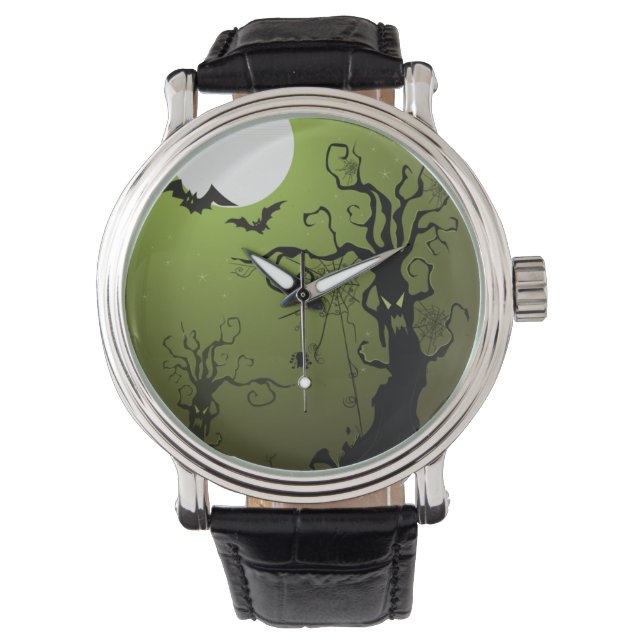 Halloween Spooky Trees, Full Moon, Bats Watch Horloge (Voorkant)
