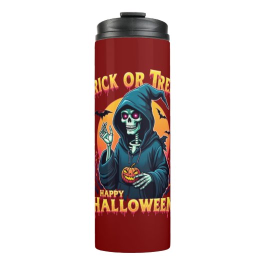 Halloween Spooky Vibes: Trick or Treat Skeleton Thermosbeker (Voorkant)