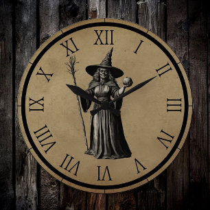 Halloween Spooky Witch Met Een Volle Maan Klok
