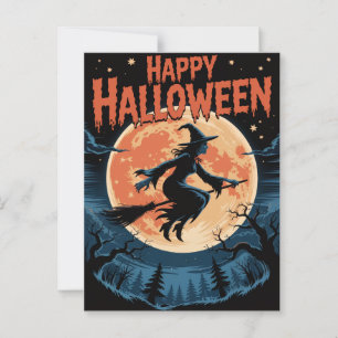 Halloween Spooky Witch Vliegen Over Een Volle Maan Briefkaart